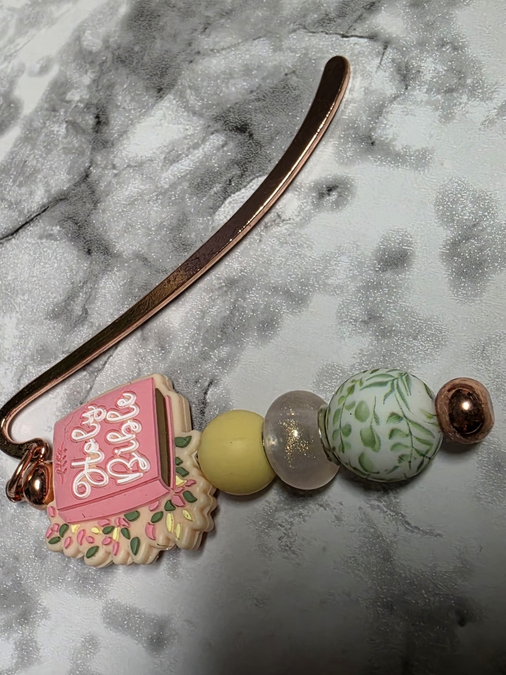 Pink 'Hello Bride' Beaded Bookmark with Green and Yellow Accents